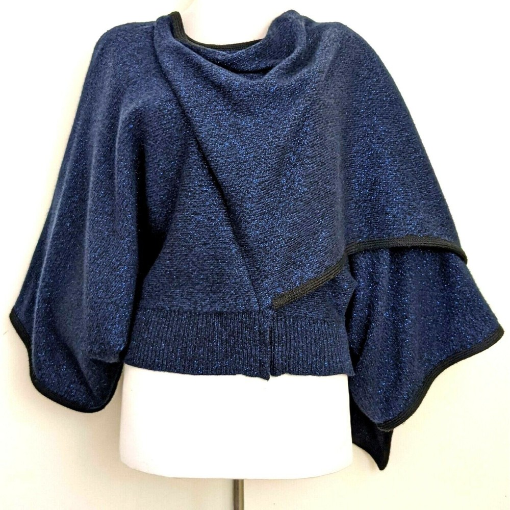 Jaeger London Women's SM Blue Metallic Batwing Sweater with Shawl Wrap